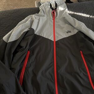 Nike Men's Black and White Windbreaker with Red Accents